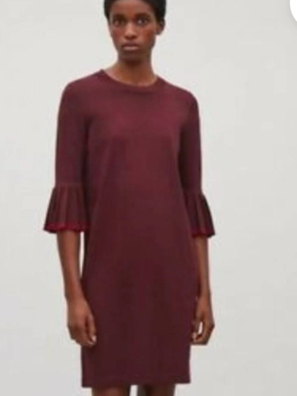 COS Wine Burgundy Dress Ruffle Bell Sleeve Ribbed Hem M